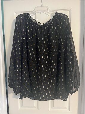 Talbots Black Sheer Blouse with Metallic Gold Dot Print